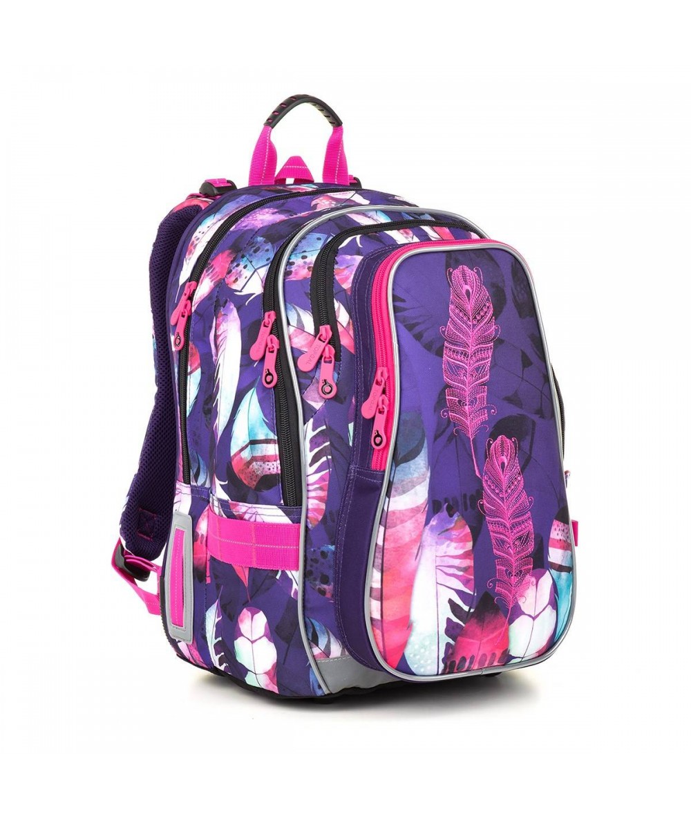 Plecak w piórka, plecak dla dziewczyny, plecak w piórka do 1 klasy, fioletowy plecak, plecak szkolny Topgal pióra LYNN 18009 G 
