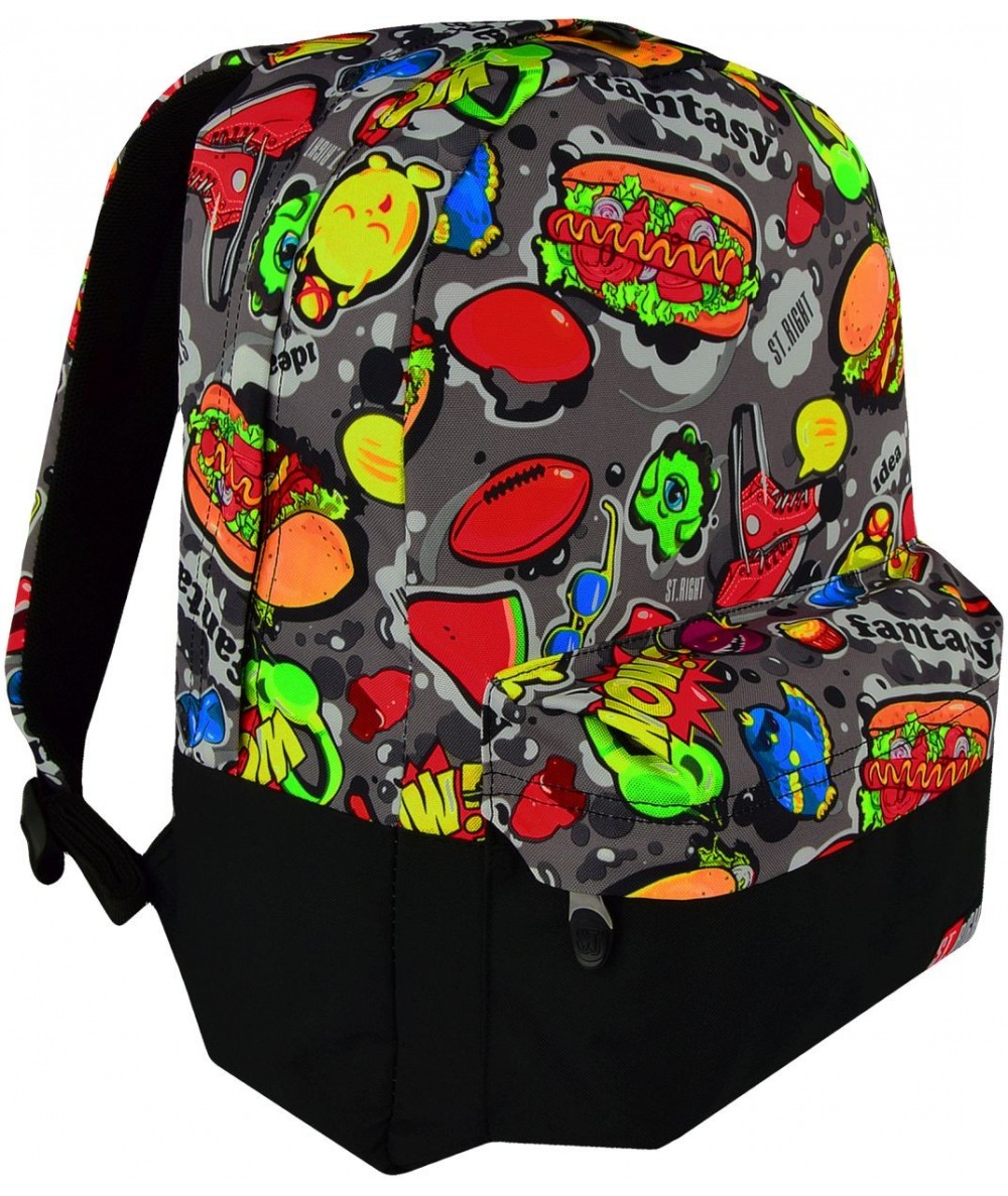 Plecak miejski ST.RIGHT FAST FOOD hamburgery BP33 na laptopa - młodzieżowy plecak dla chłopaka, modny plecak szkolny