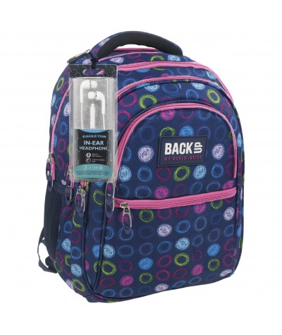 Plecak BackUP B 18 niebieski w kółka + GRATIS słuchawki - modny plecak dla dziewczyny, niebieski plecak w kropki