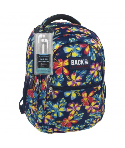 Plecak BackUP B 2 tropikalne kwiaty do szkoły + GRATIS słuchawki - plecak w kwiaty dla dziewczyny, modny plecak