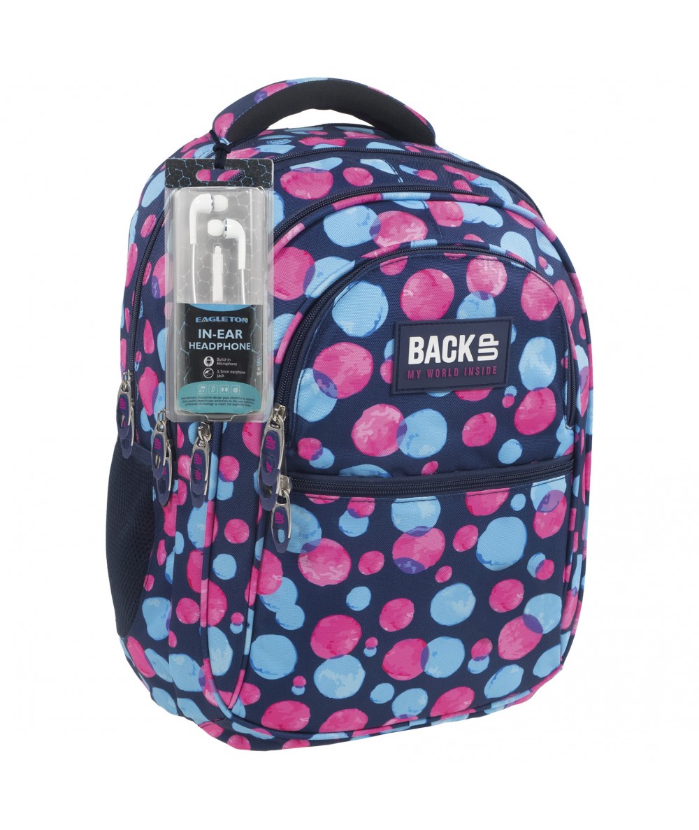 Plecak BackUP B 1 niebieskie i różowe bąble do szkoły + GRATIS słuchawki - plecak szkolny dla młodzieży, plecak w kropki