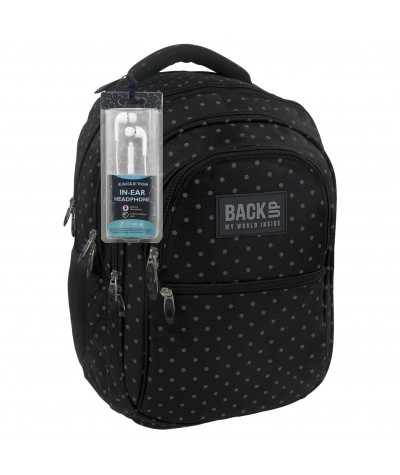 Plecak BackUP B28 czarny w szare kropki do szkoły + GRATIS słuchawki czarny plecak, klasyczny plecak dla chłopaka, modny plecak