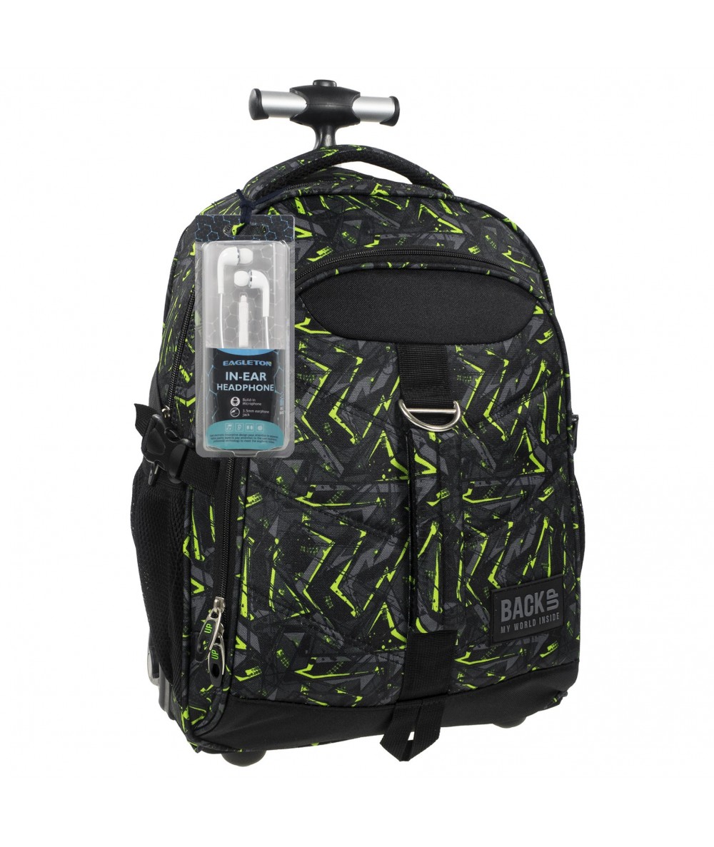 Plecak na kółkach BackUP K 31 szaro-zielona abstrakcja do szkoły - modny plecak dla chłopaka w podstawówce, fajny plecak 