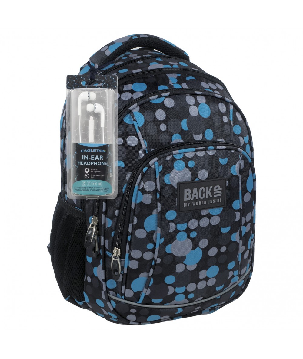 Plecak BackUP A 16 szaro-niebieskie kropki do szkoły + GRATIS słuchawki - modny plecak szkolny dla chłopaka, fajny plecak