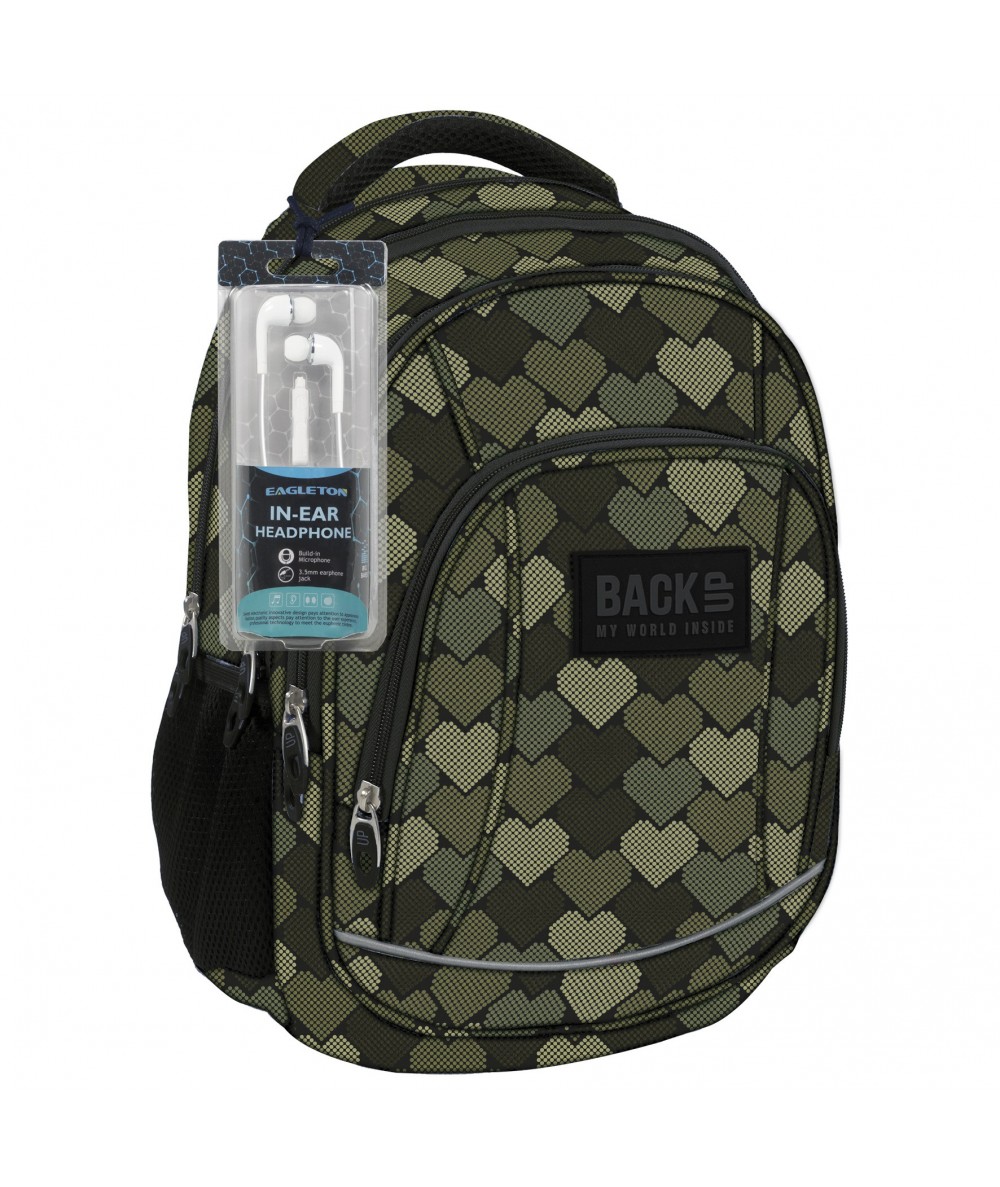 Plecak BackUP A 10 serca military do szkoły + GRATIS słuchawki - modny plecak dla dziewczyn, plecak militarny dla dziewczyny
