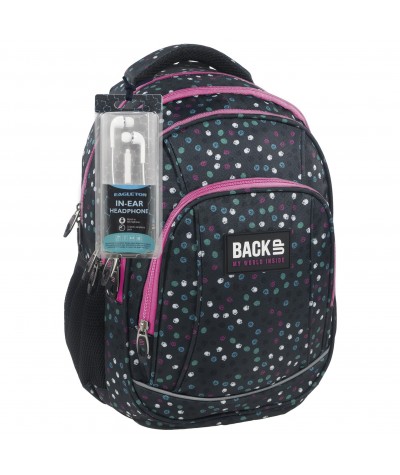 Plecak BackUP A 21 czarny w kropki do szkoły + GRATIS słuchawki - młodzieżowy plecak, modny plecak do szkoły