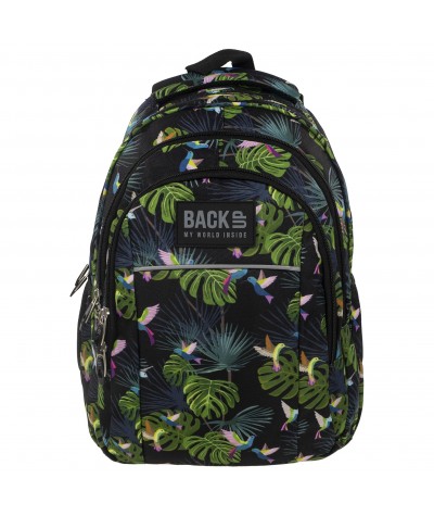 Plecak BackUP H 33 tropikalny do szkoły - wyjątkowy plecak dla dziewczyny w tropikalne liście, plecak w ptaszki, plecak w ptaki