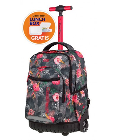 Plecak na kółkach dla dziewczyny CoolPack CP SWIFT CORAL HIBISCUS koralowe kwiaty A031 + śniadaniówka