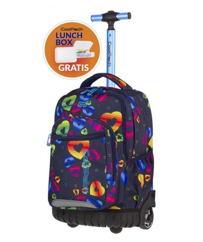 Plecak na kółkach CoolPack CP SWIFT RAINBOW HEARTS kolorowe serca, granatowy plecak w serduszka dla dziewczyny + śniadaniówka