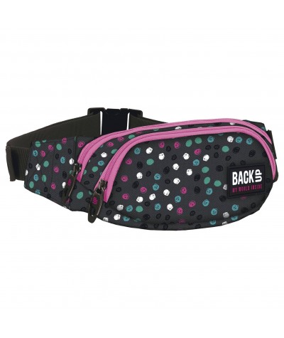Saszetka na pas / nerka szara z różowymi zamkami dla dziewczyny BackUP A 21 czarna w kropki