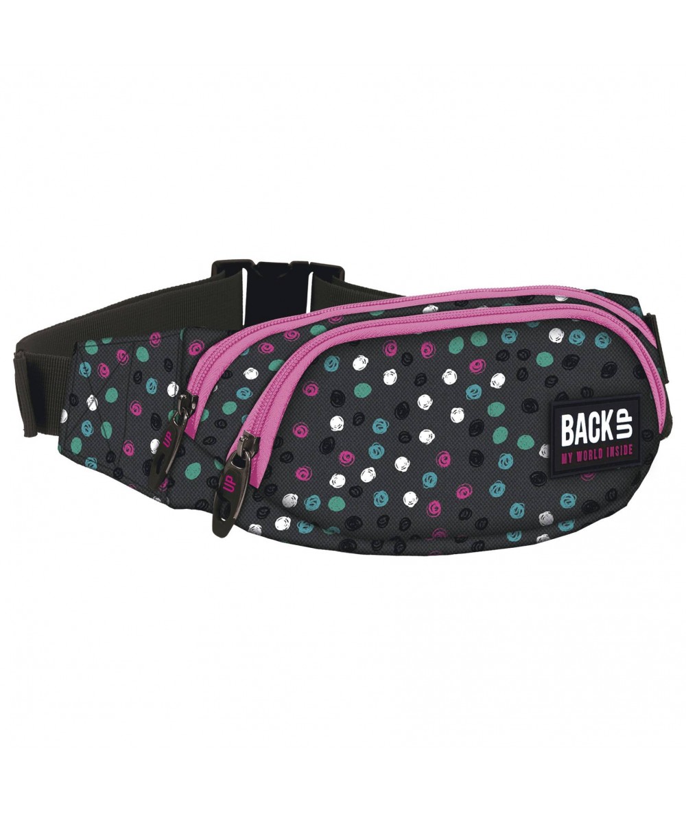 Saszetka na pas / nerka szara z różowymi zamkami dla dziewczyny BackUP A 21 czarna w kropki