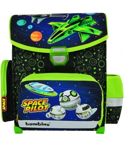 Tornister szkolny ze statkami kosmicznymi czarny i zielony dla chłopca BAMBINO SPACE PILOT 