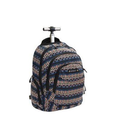 Plecak na kółkach we wzory azteckie granatowo-łososiowy dla dziewczyny Street, walizka z szekami dla studentki