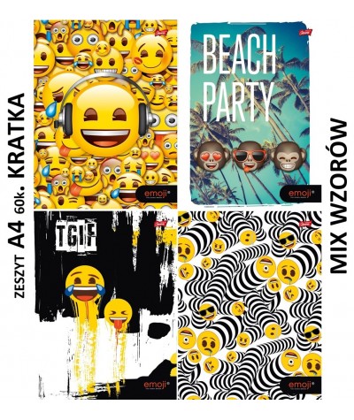 Zeszyt EMOJI A4 60k. w kratkę emotki buźki z emotikonami MIX WZÓRÓW żółte buźki, TGIF, beach party i hipno