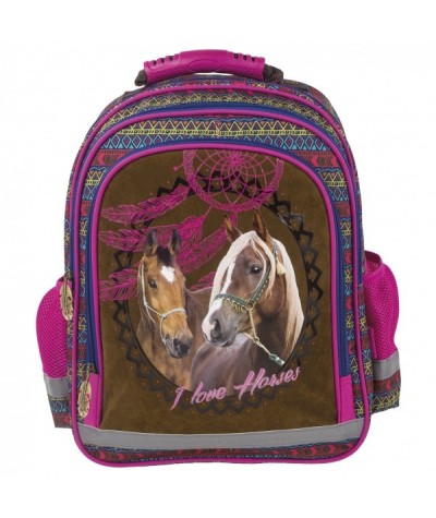 Brązowy plecak z koniem do szkoły - 2 komory I Love Horses łapacz snów dla dziewczynki