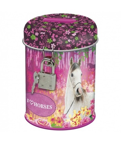 Mała skarbonka z kłódką z koniem I Love Horses w kwiaty metalowa różowa