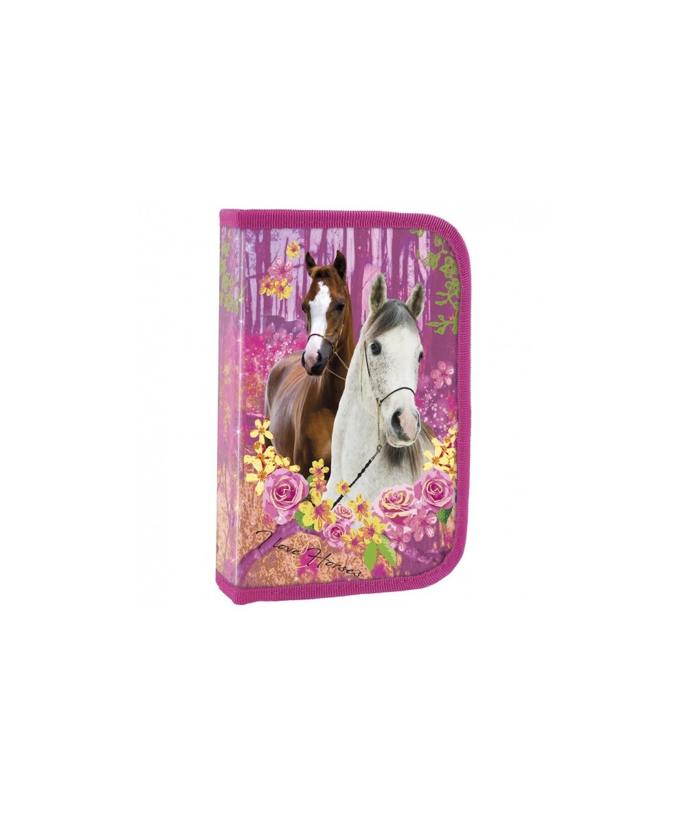 Różowy piórnik szkolny z białym i brązowym koniem z wyposażeniem I Love Horses w kwiaty