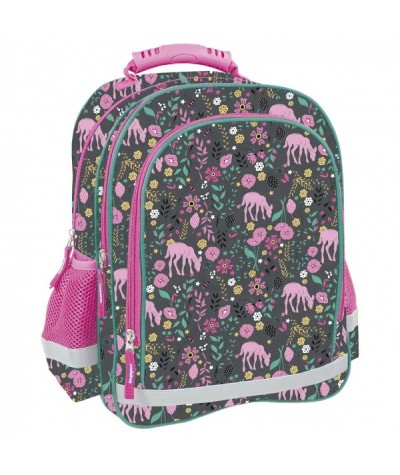 Kolorowy plecak w kwiaty z sarnami do 1 klasy 2 komory Future by BackUP różowy, zielony