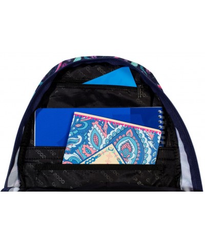 Plecak miejski z piórami niebieski w miętowe piórka dla dziewczyny top-2000 wnętrze
