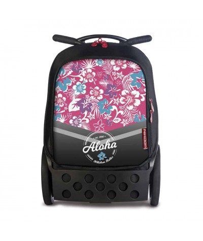 Duży plecak na kółkach Roller czarny z różowymi kwiatami dla dziewczyny, walizka szkolna roller