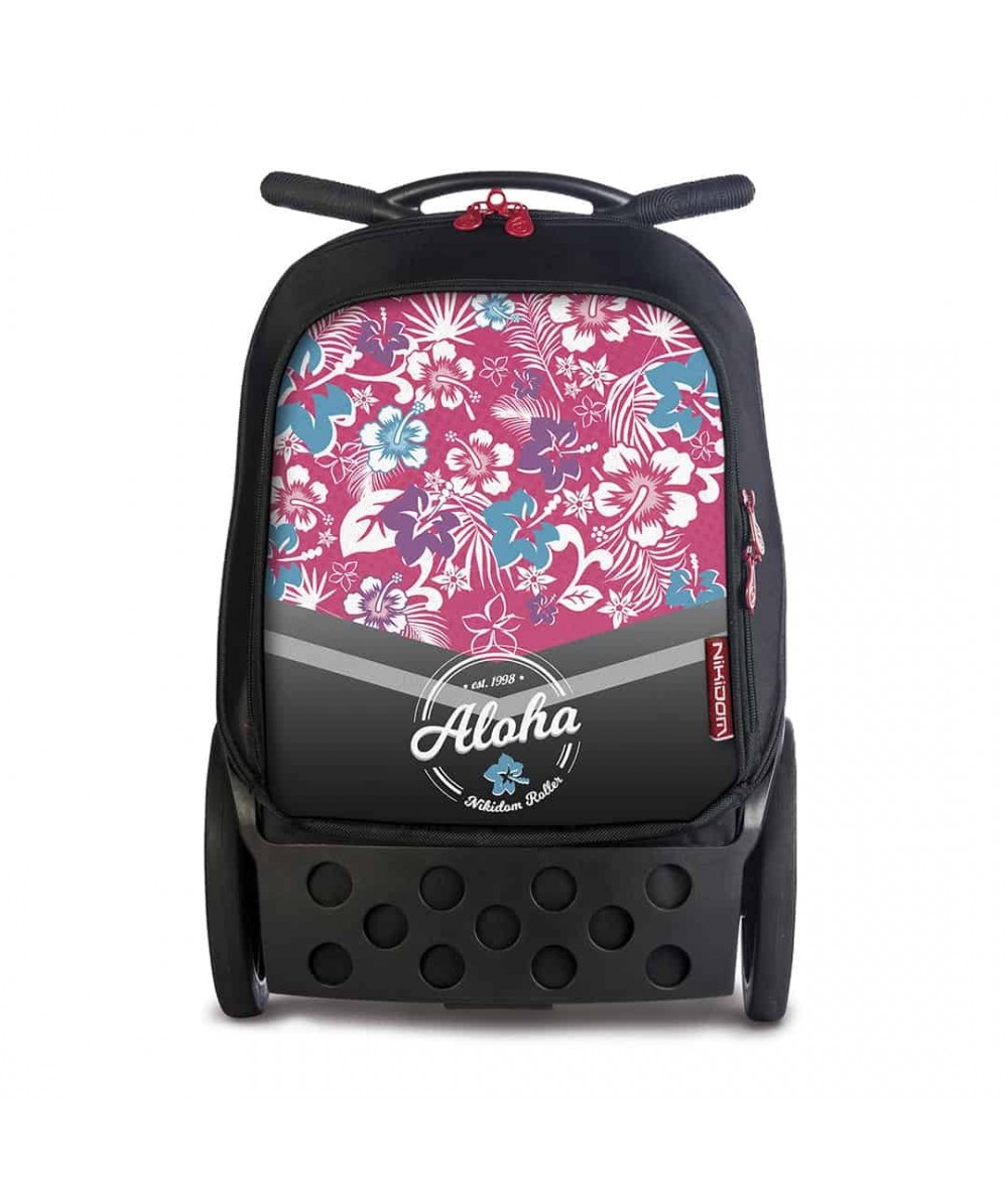 Duży plecak na kółkach Roller czarny z różowymi kwiatami dla dziewczyny, walizka szkolna roller