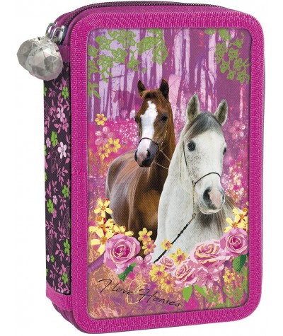 Różowy piórnik dwukomorowy z koniem z wyposażeniem I Love Horses w kwiaty