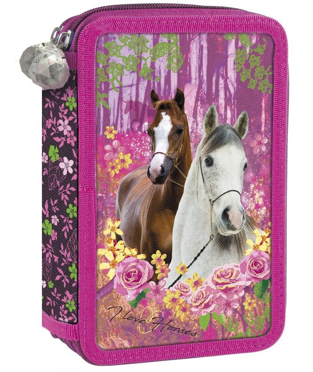 Różowy piórnik trzykomorowy z koniem bez wyposażenia I Love Horses w kwiaty