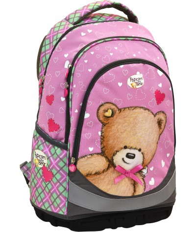  	Plecak różowy z misiem dla dziewczynki do pierwszej klasy, plecak dla pierwszaka miś z kokardą
