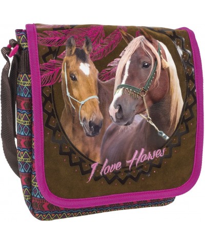 Brązowa torebka z klapką z koniem I Love Horses boho z łapaczem snów etniczna dla dziewczynki