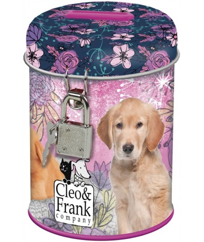 Mała skarbonka z kłódką z pieskiem Cleo & Frank w kwiaty dla dziewczynki