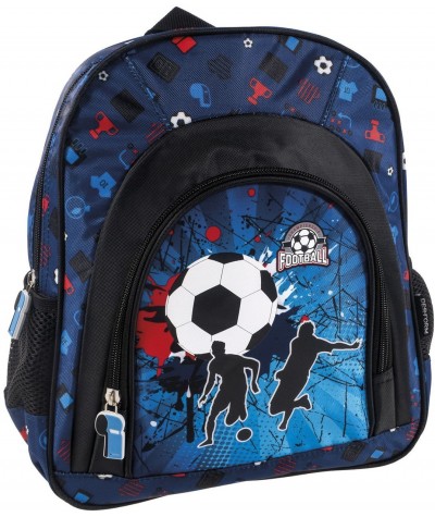Niebieski plecak dla dziecka z piłką nożną do zerówki i na wycieczkę mały