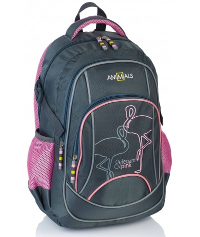 Szary plecak z flamingami młodzieżowy Animals dla dziewczyny