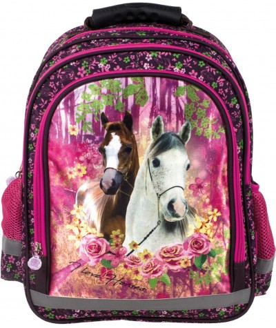 Kolorowy plecak z koniem dla pierwszoklasistki I Love Horses w kwiaty