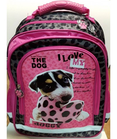 Fioletowy plecak z pieskiem do 1 klasy The Dog w łatki przód