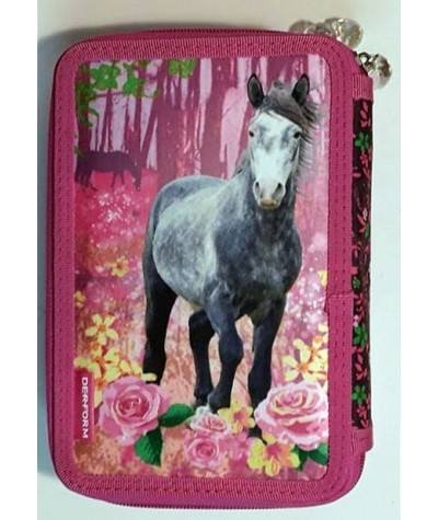 Różowy piórnik dwukomorowy z koniem z wyposażeniem I Love Horses kwiaty
