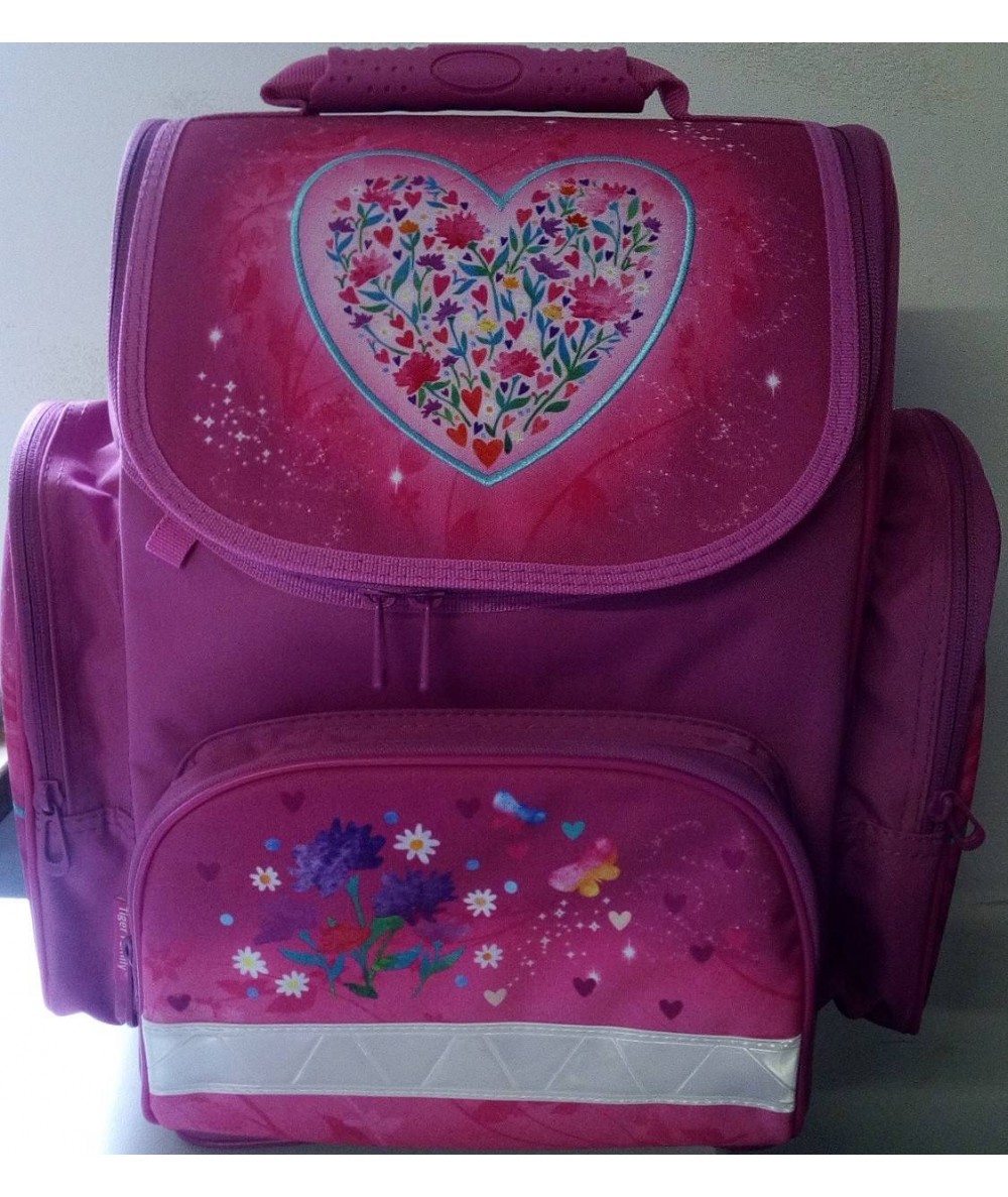 Tornister z haftowanym sercem różowy dla dziewczyny, tornister jak plecak do 1 klasy