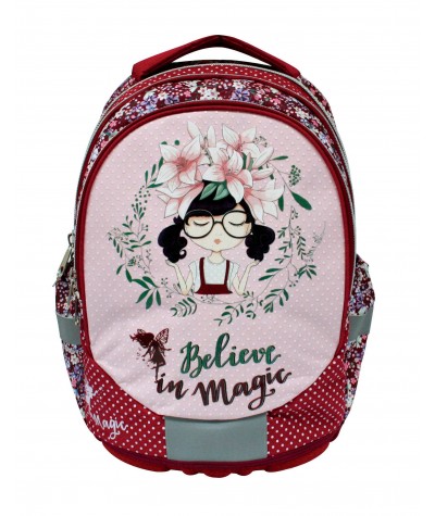 Czerwony plecak z dziewczynką dla uczennicy, plecak do 1 klasy, plecak w kwiaty, różowy plecak