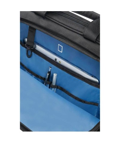 Torba na laptopa gładka czarna z niebieskimi dodatkami, męska torba na laptop, wnętrze