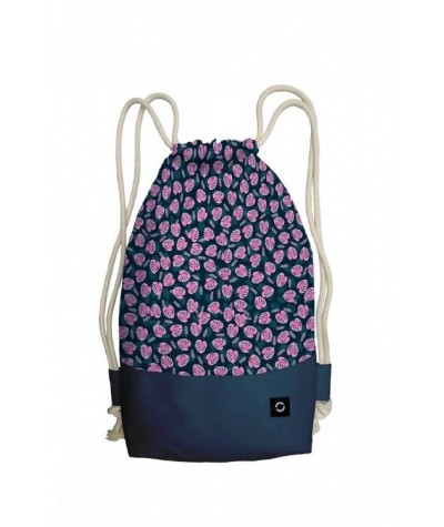 Kolorowy plecak na sznurkach, worek z różowymi liśćmi monstery, tropik