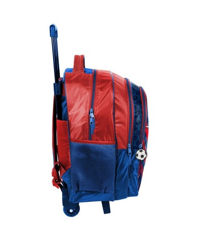 Czerwono-niebieski plecak na kółkach z piłką Paso Football
