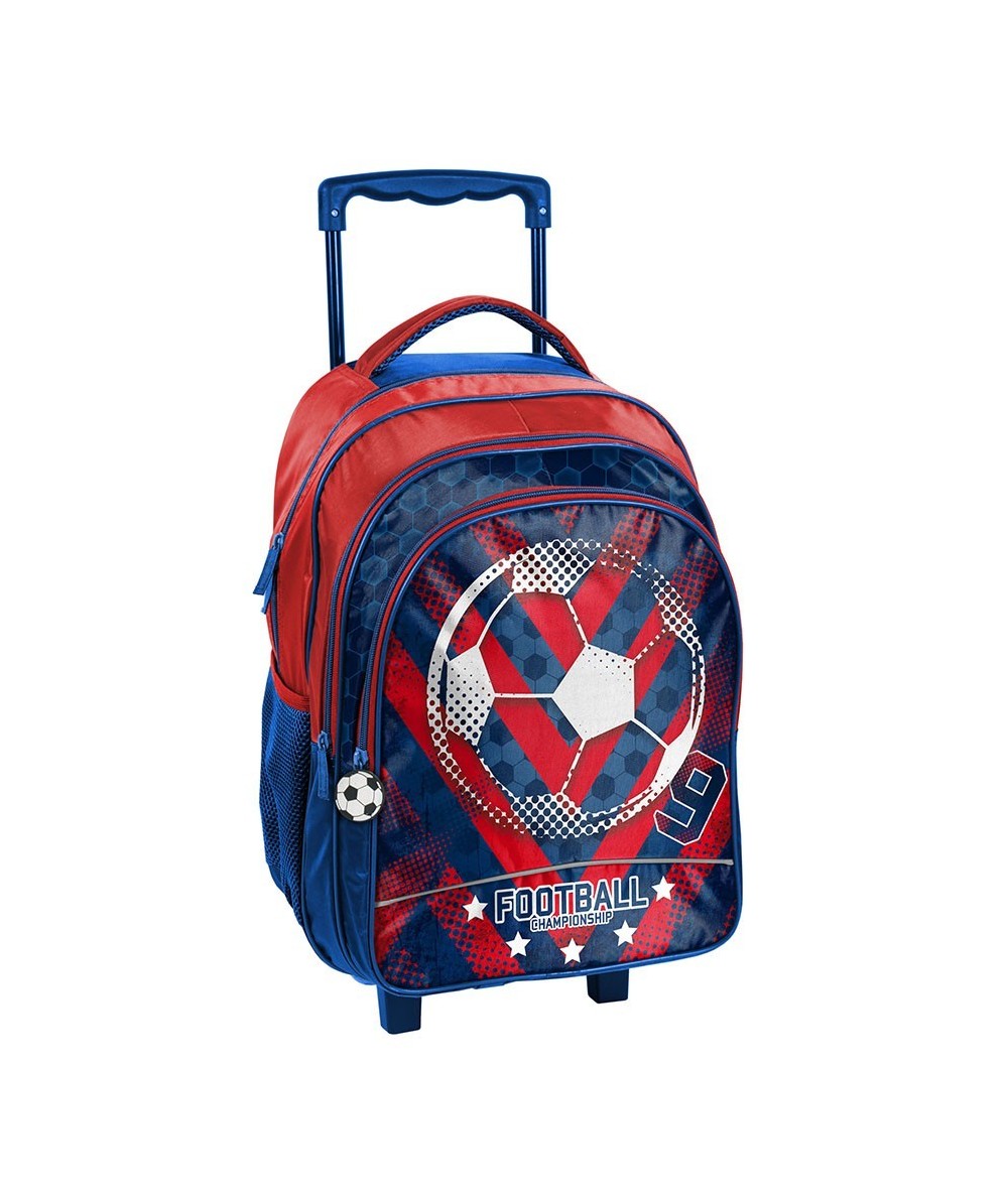 Czerwono-niebieski plecak na kółkach z piłką Paso Football