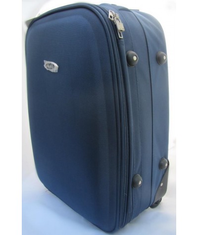 Granatowa walizka podróżna średnia, tania, powystawowa walizka