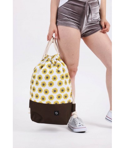 Żółto-biały plecak na sznurkach, worek ze słonecznikami dla dziewczyny