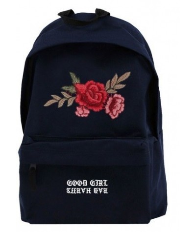 Granatowy plecak z haftowaną różą miejski dla dziewczyny