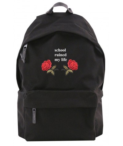 Czarny plecak z haftowanymi różami i napisem School Ruined My Life