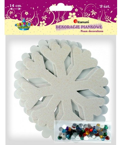 Białe śnieżynki z brokatem i kolorowe kryształki z pianki ozdoby