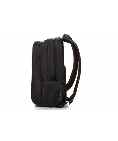 Plecak męski bagaż podręczny czarny z niebieską podszewką na laptopa bok