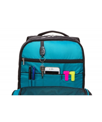 Plecak męski bagaż podręczny czarny z niebieską podszewką na laptopa z organizerem