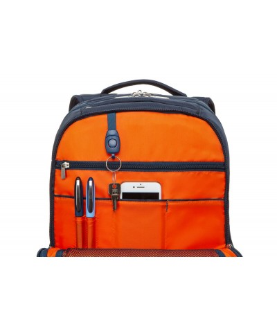 Plecak męski bagaż podręczny granatowy z pomarańczową podszewką z organizerem
