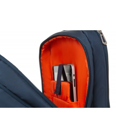 Plecak męski bagaż podręczny granatowy z pomarańczową podszewką na laptop